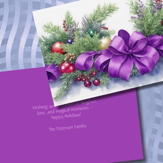 Watercolor Christmas Evergreen Ribbon Purple Red Holiday Card (Creator Uploaded)