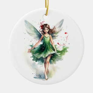 Watercolor Christmas Fairy Ceramic Ornament