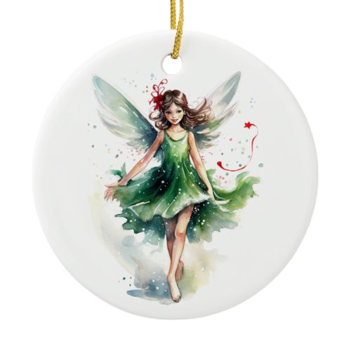 Watercolor Christmas Fairy Ceramic Ornament
