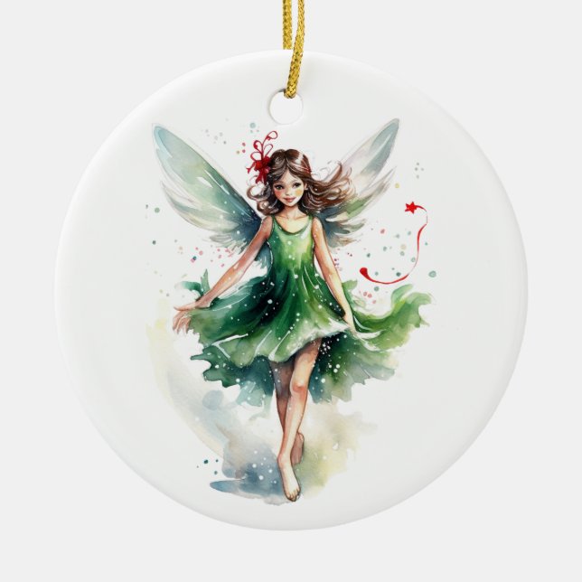 Watercolor Christmas Fairy Ceramic Ornament (Front)