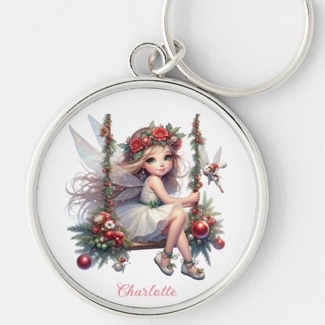 Watercolor Christmas Fairy | Custom Name  Keychain (Front)