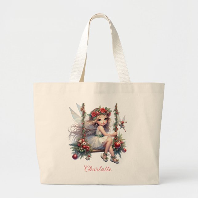 Watercolor Christmas Fairy | Custom Name Large Tote Bag (Front)