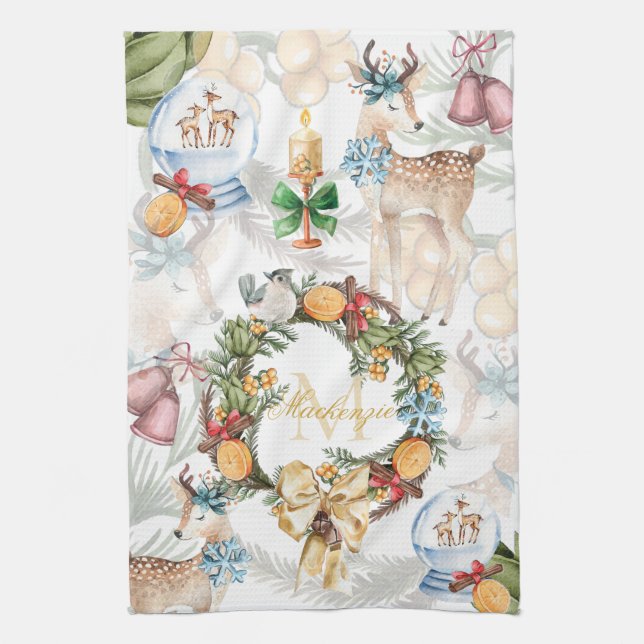Watercolor Christmas Family Name Kitchen Towel (Vertical)