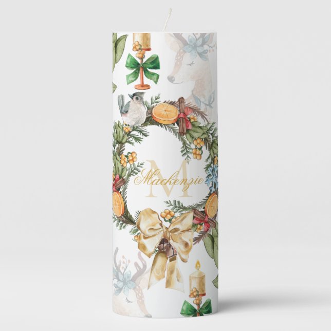 Watercolor Christmas Family Name Pillar Candle (Front)