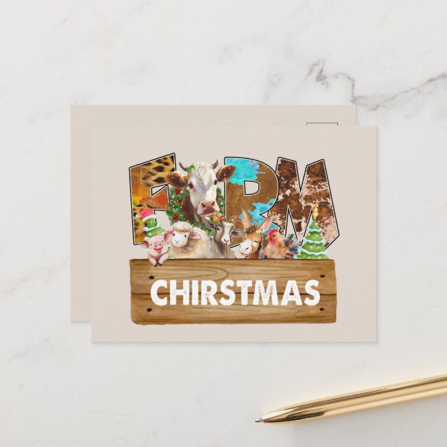 Watercolor Christmas farm animals Holiday Postcard (Front/Back In Situ)