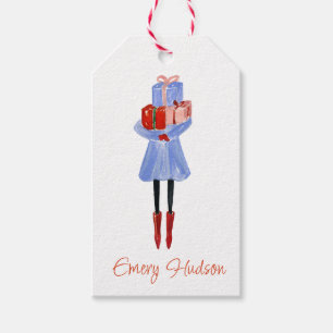 Watercolor Christmas Fashion Girl with Presents Gift Tags