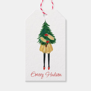 Watercolor Christmas Fashion Girl with Tree Gift Tags
