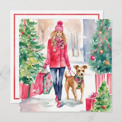 Watercolor Christmas Fashion Shopping Girl Photo Holiday Card