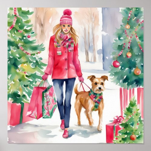 Watercolor Christmas Fashion Shopping Girl Poster