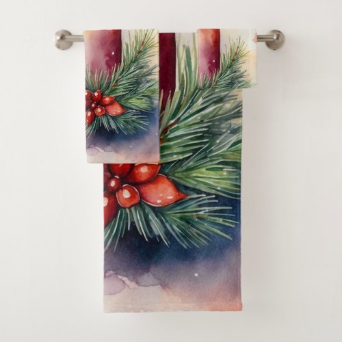 Watercolor Christmas Festive Candle Illustration  Bath Towel Set