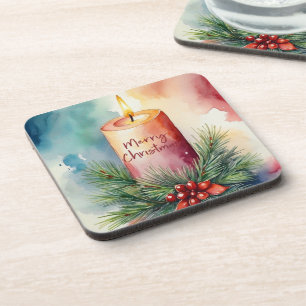 Watercolor Christmas Festive Candle Illustration Beverage Coaster
