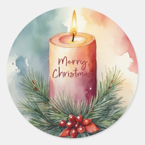 Watercolor Christmas Festive Candle Illustration  Classic Round Sticker