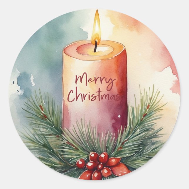 Watercolor Christmas Festive Candle Illustration  Classic Round Sticker (Front)