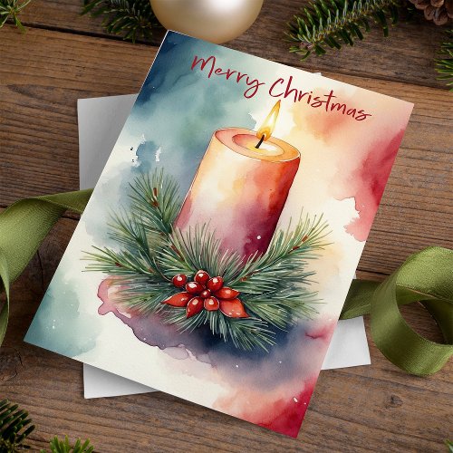 Watercolor Christmas Festive Candle Illustration  Holiday Card