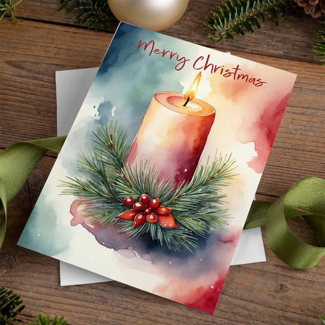 Watercolor Christmas Festive Candle Illustration Holiday Card Zazzle