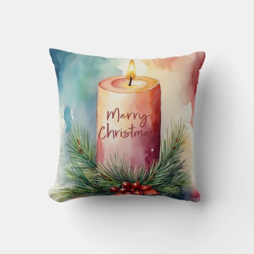 Watercolor Christmas Festive Candle Illustration  Throw Pillow