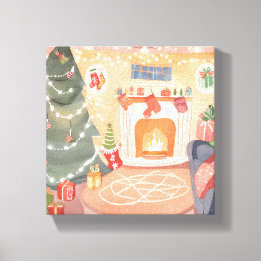 Watercolor Christmas Fireplace Canvas Print