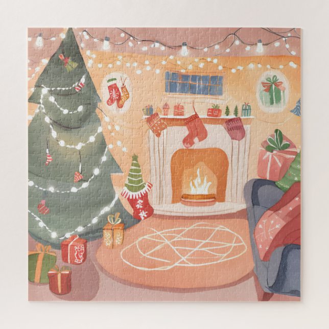 Watercolor Christmas Fireplace Card Jigsaw Puzzle (Vertical)