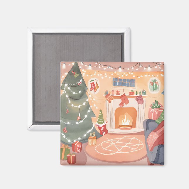 Watercolor Christmas Fireplace Magnet (Front/Back)
