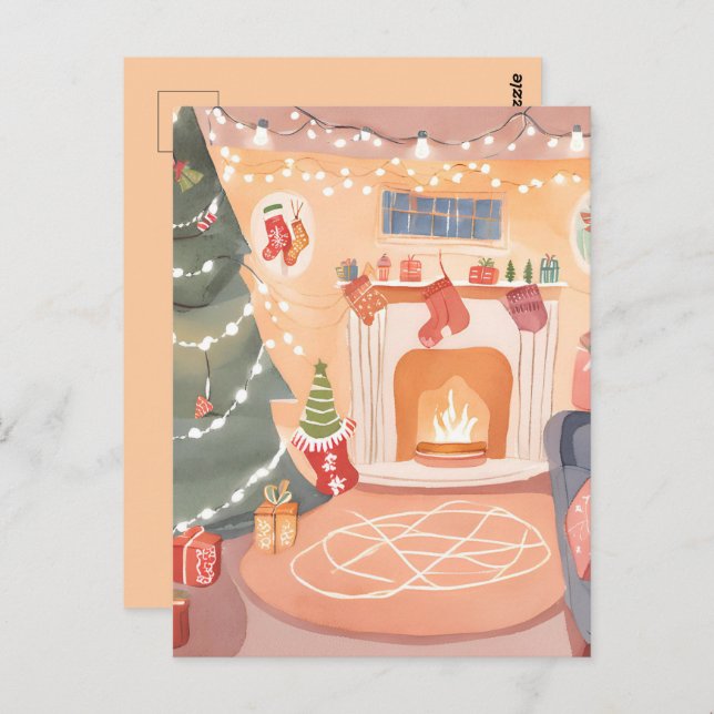 Watercolor Christmas Fireplace Postcard (Front/Back)