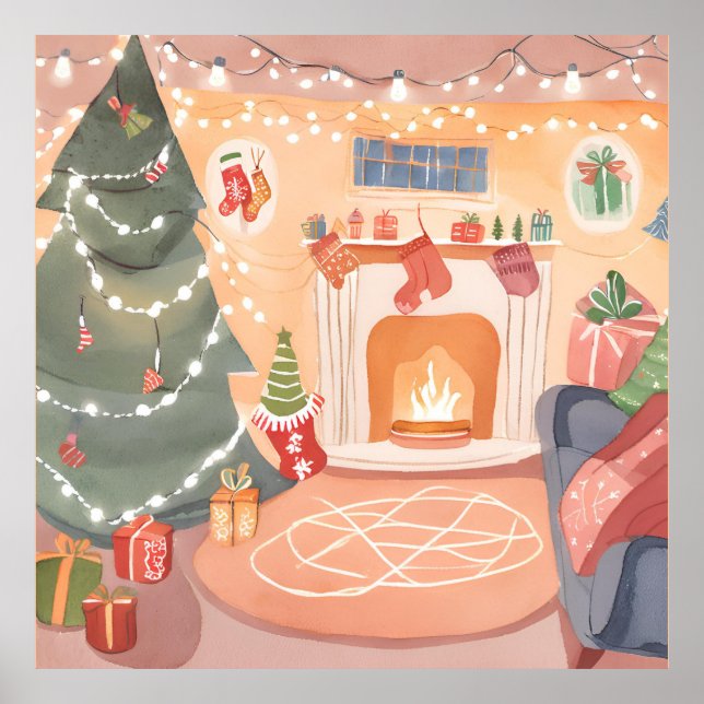 Watercolor Christmas Fireplace Poster (Front)
