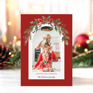 Watercolor Christmas Floral Arch Photo Holiday Card