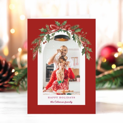 Watercolor Christmas Floral Arch Photo Holiday Card