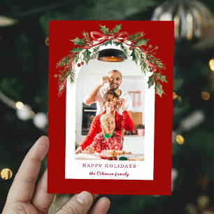 Watercolor Christmas Floral Arch Photo Holiday Card