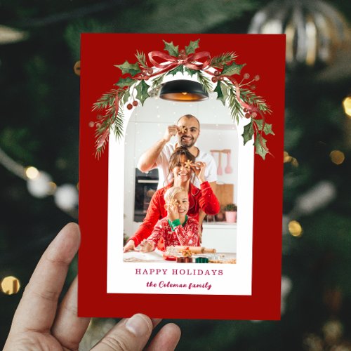 Watercolor Christmas Floral Arch Photo Holiday Card