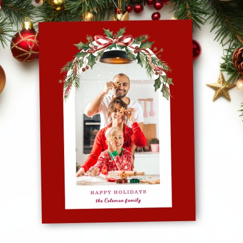 Watercolor Christmas Floral Arch Photo Holiday Postcard