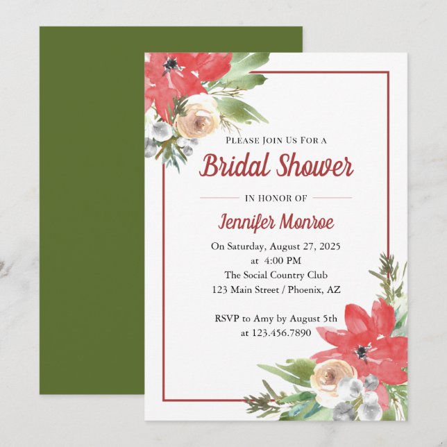 Watercolor christmas floral bridal shower invitation (Front/Back)