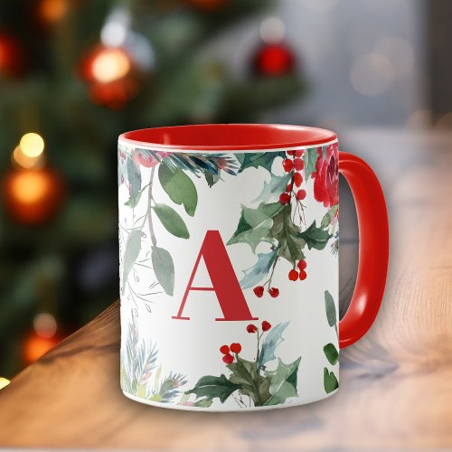 Watercolor Christmas floral elegant red monogram Mug