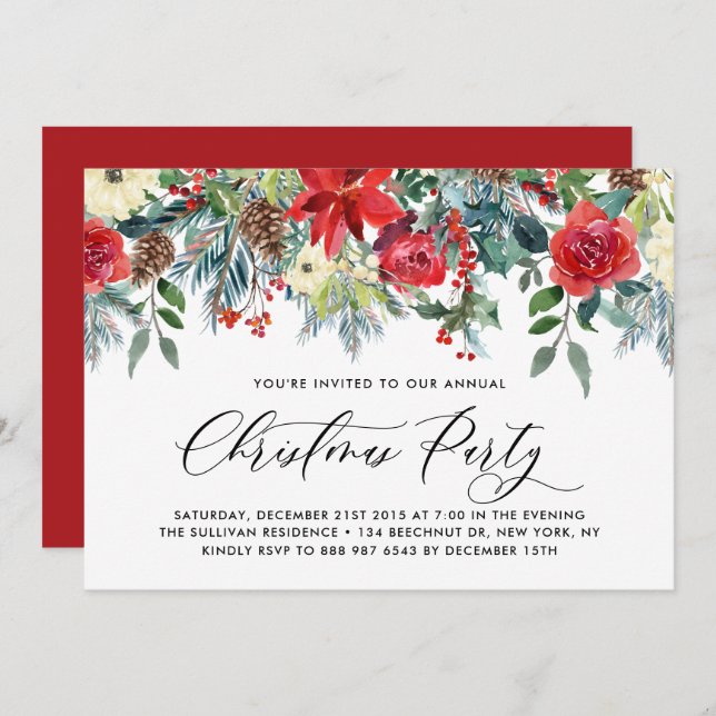 Watercolor Christmas Floral Garland Holiday Party Invitation (Front/Back)