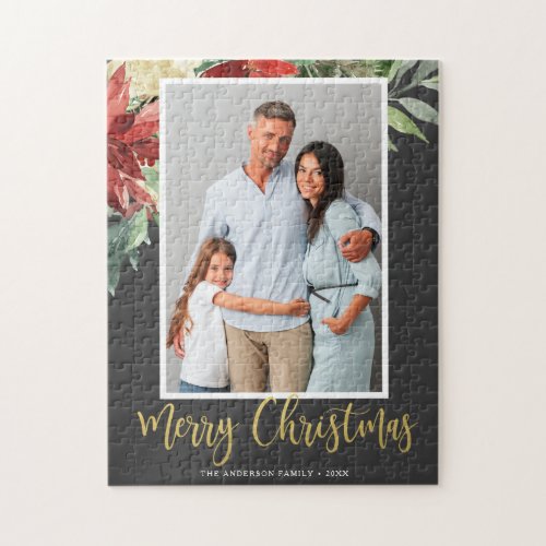 Watercolor Christmas Floral Gray Family Photo Jigsaw Puzzle
