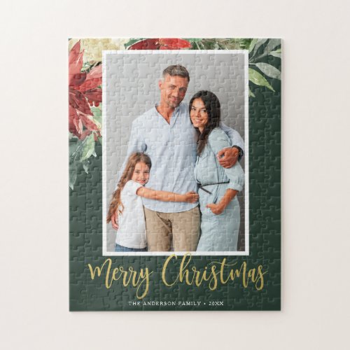 Watercolor Christmas Floral Green Family Photo Jigsaw Puzzle