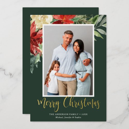 Watercolor Christmas Floral Green Photo Foil Holiday Card