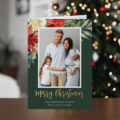 Watercolor Christmas Floral Green Photo Gold Foil Holiday Card