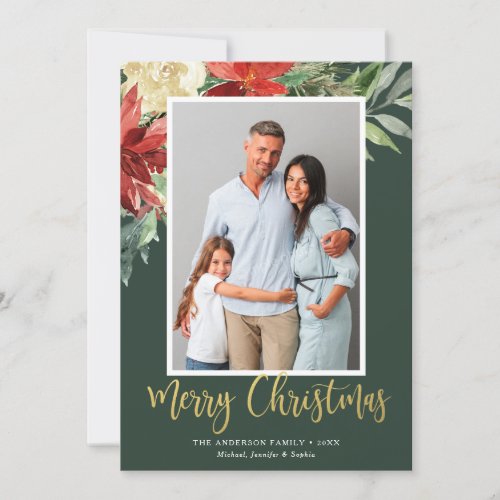 Watercolor Christmas Floral Green Photo Holiday Card