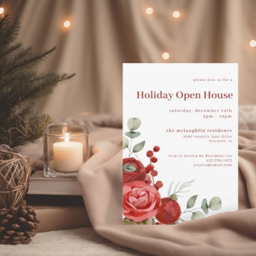 Watercolor Christmas Floral  Holiday Open House Invitation