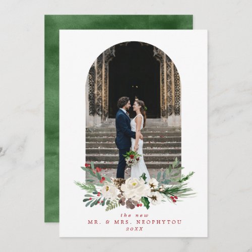 Watercolor Christmas Floral Newly Wed Arch Photo Holiday Card