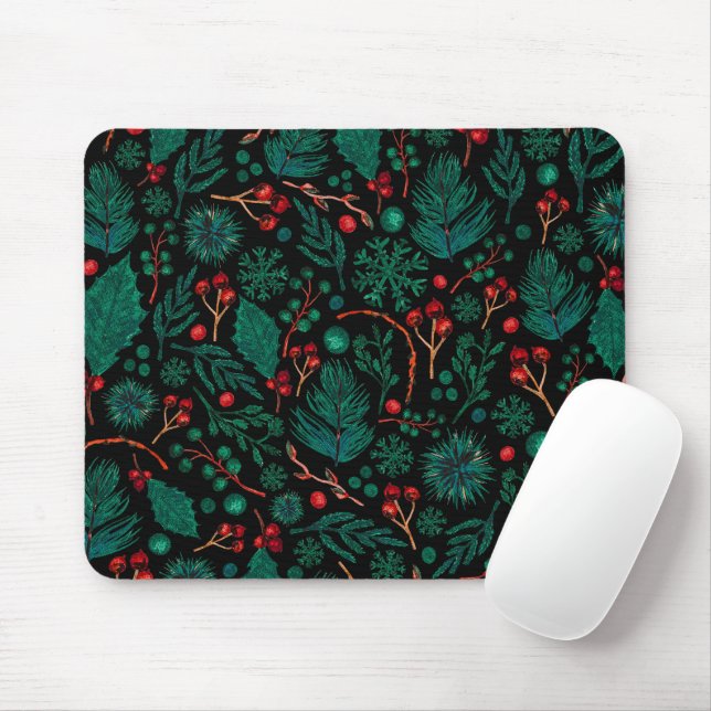 Watercolor Christmas Floral Pattern | Mousepad (With Mouse)