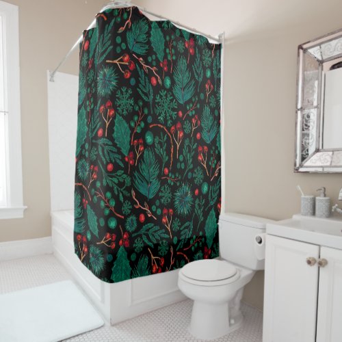 Watercolor Christmas Floral Pattern Shower Curtain