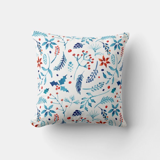 Watercolor Christmas Floral Pattern | Throw Pillow (Front)