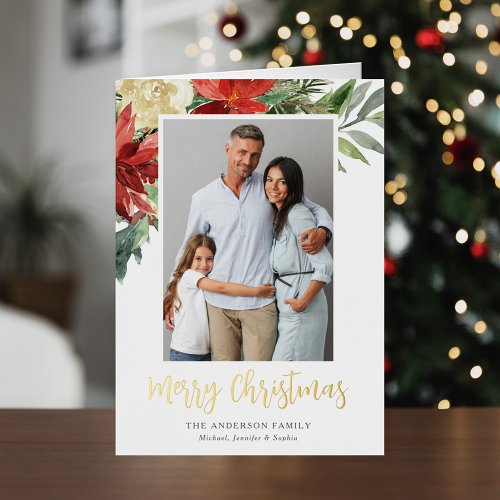 Watercolor Christmas Floral Photo Gold Foil Holiday Card