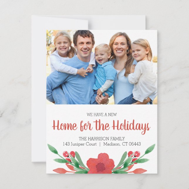 Watercolor Christmas Floral Photo New Address Holiday Card (Front)