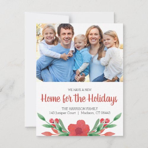 Watercolor Christmas Floral Photo New Address Holiday Card