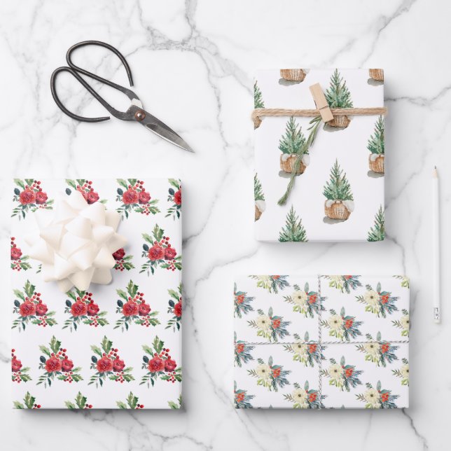Watercolor Christmas floral pine tree Wrapping Paper Sheets (Front)