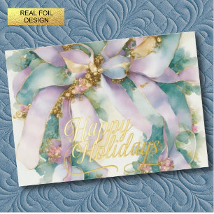 Watercolor Christmas Floral Ribbon Purple Teal Foil Holiday Card