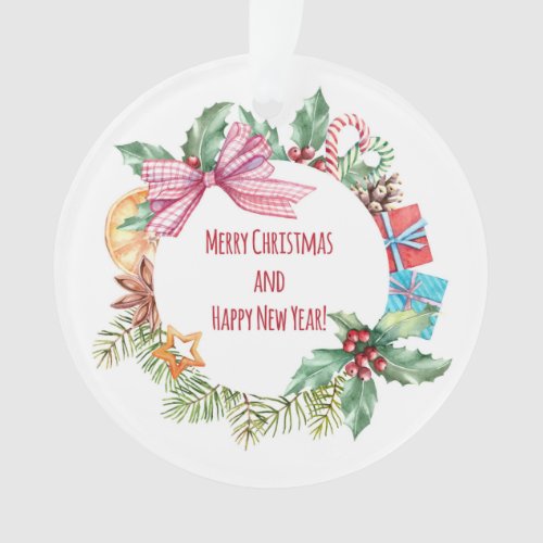 Watercolor Christmas Floral Wreath  Holidays Ornament