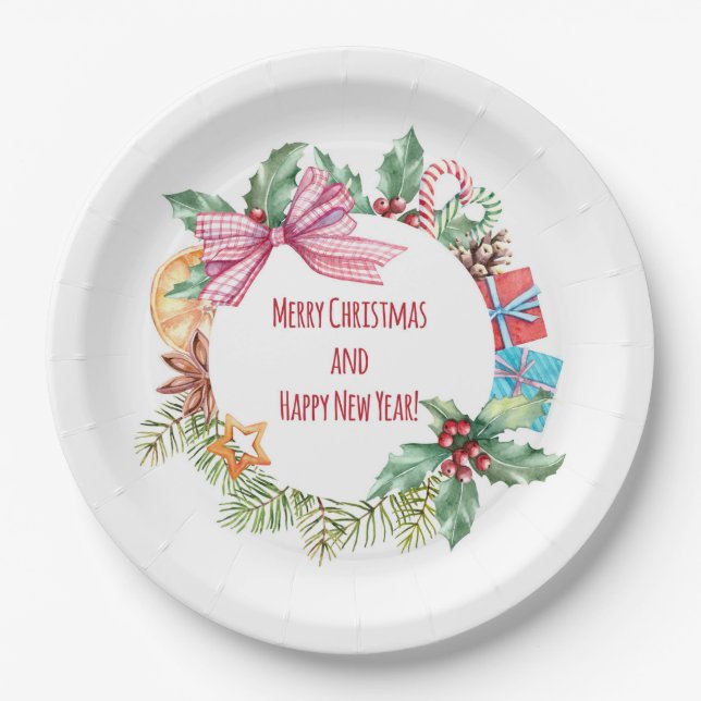 Watercolor Christmas Floral Wreath | Holidays Paper Plates (Front)